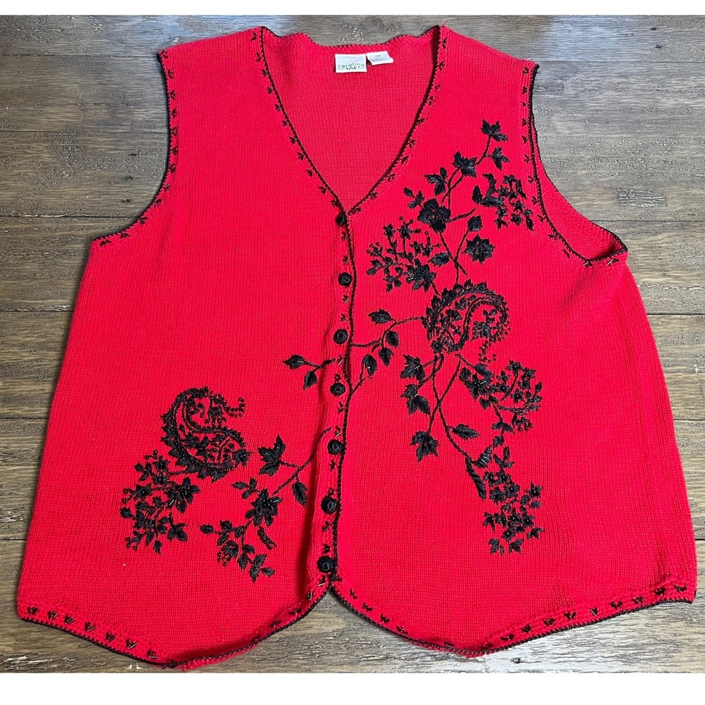 Carolina Colours Embroidered Red Beaded Floral Paisley Knit Sweater Vest Sz 18W